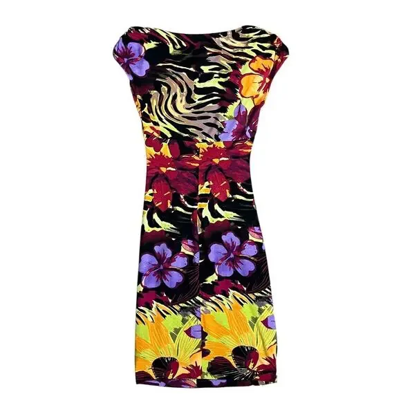 Vintage Cache Sheath Dress Size Small Bodycon Fitted Ruched Floral Purple